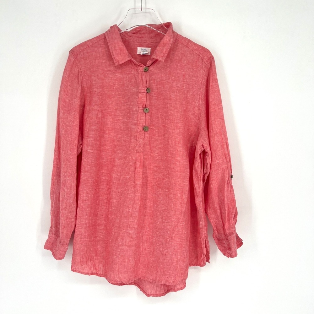 Sigrid Olsen Linen Top Womens 1X Red Pink Henley Lightweight Breathable Collared